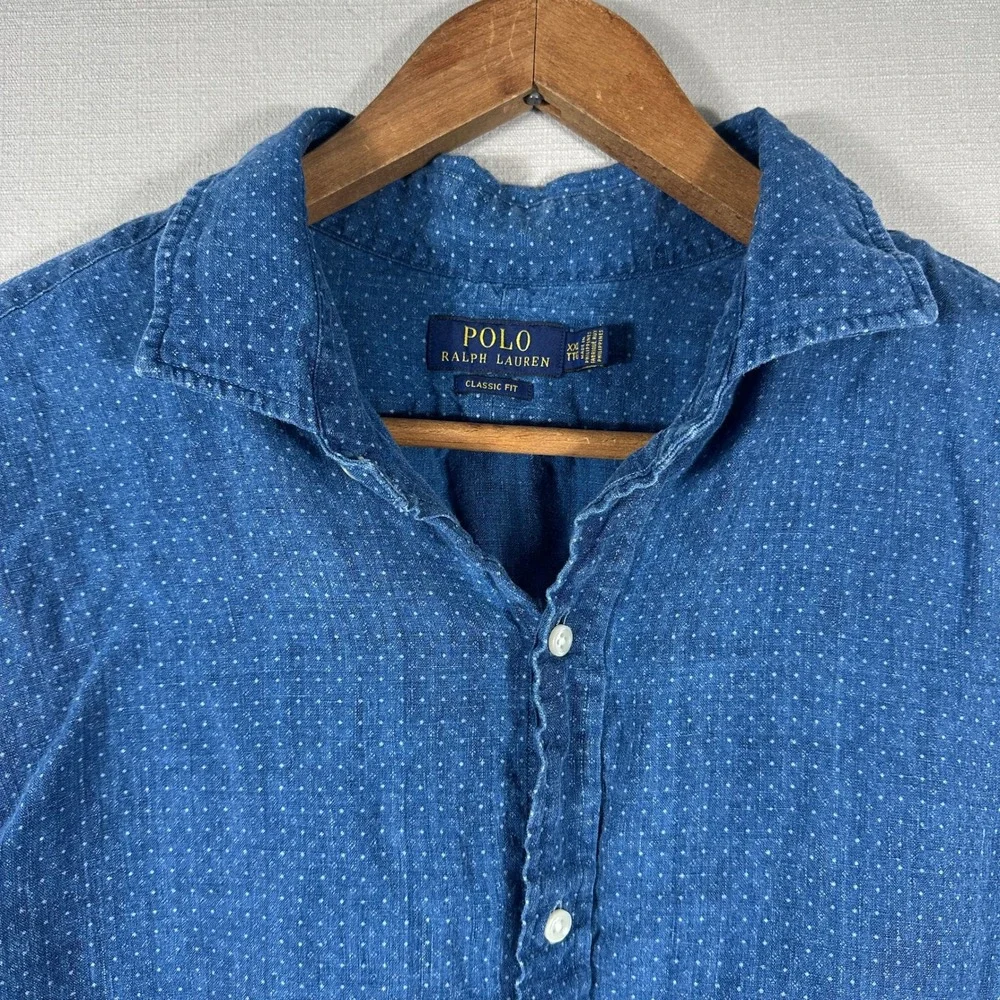 Polo Ralph Lauren Button Down Mens XXL Blue Excellent Linen Polka Dot Shirt